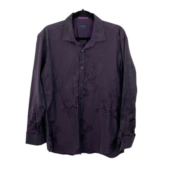 Ted Baker London Button Up Dress Shirt Size LARGE 12 Purple Tonal Floral - Picture 1 of 10
